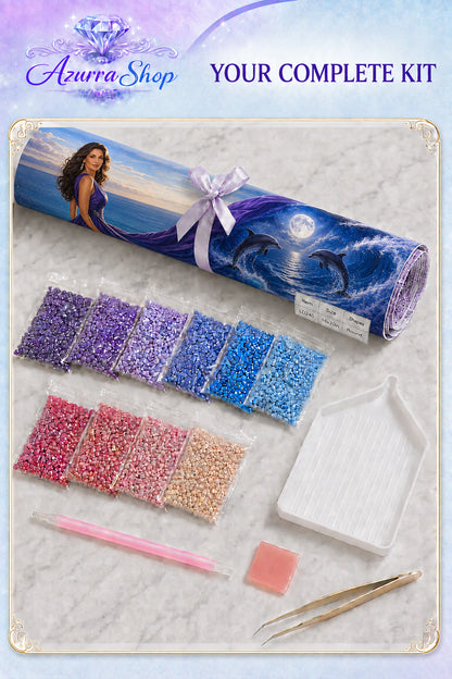 Supplies included with The Ocean in Her Gown Azurra Exclusive 5D diamond painting kit
