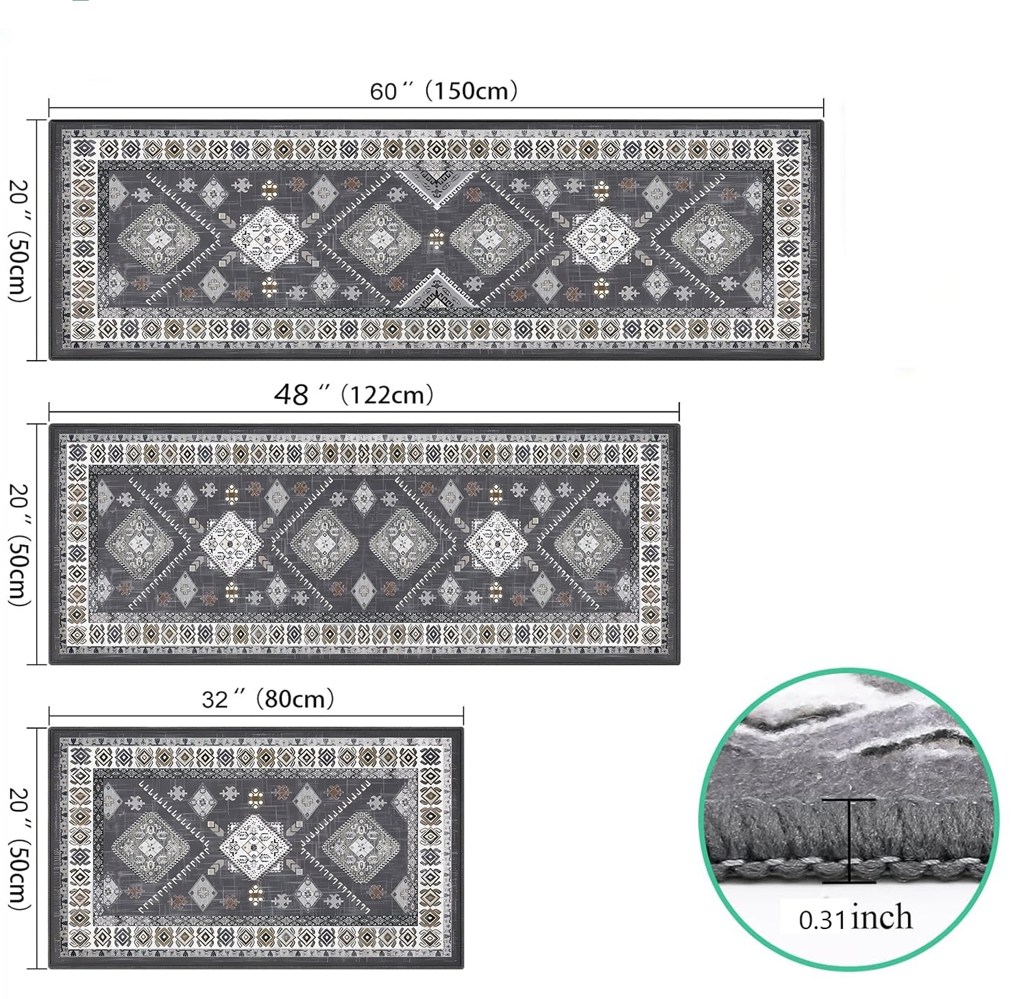 Boho Kitchen Rug Set — 3 Piece Faux Wool with Runner