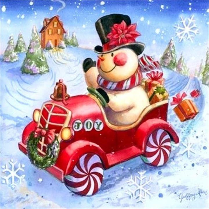 Snowman in a car diamond painting kit – 12x12" whimsical winter holiday wall art by Azurra Shop