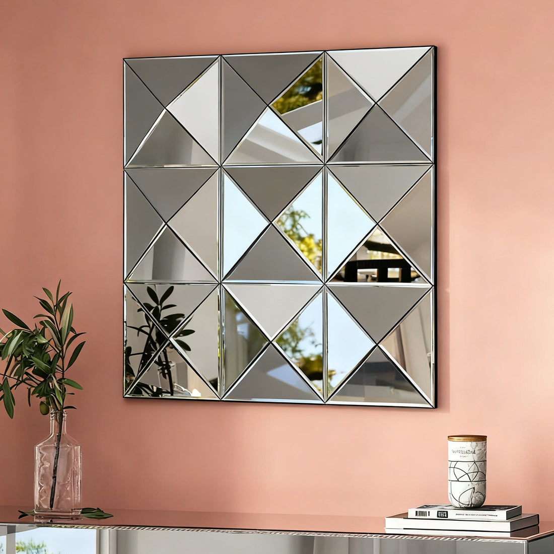 3D Beveled Glass Square Wall Mirror in Silver — modern triangular mosaic design, 5mm beveled glass with plywood frame, 32x32" — Azurra Shop