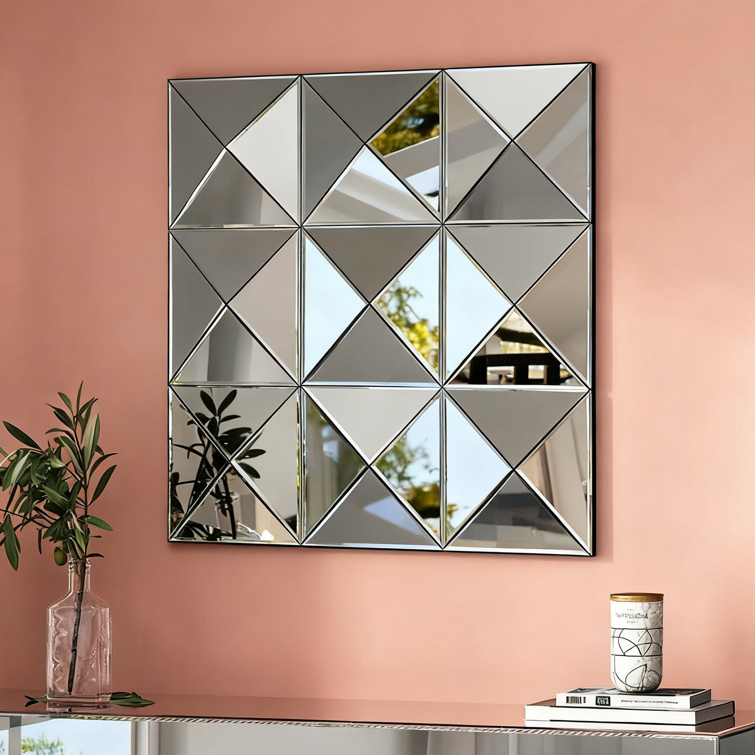 3D Beveled Glass Square Wall Mirror in Silver — modern triangular mosaic design, 5mm beveled glass with plywood frame, 32x32" — Azurra Shop