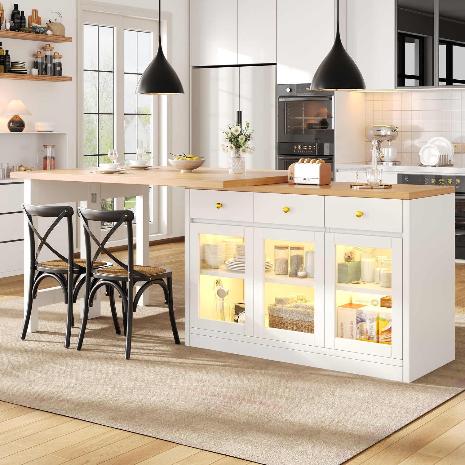 Extendable Kitchen Island with RGB LED Lights — White