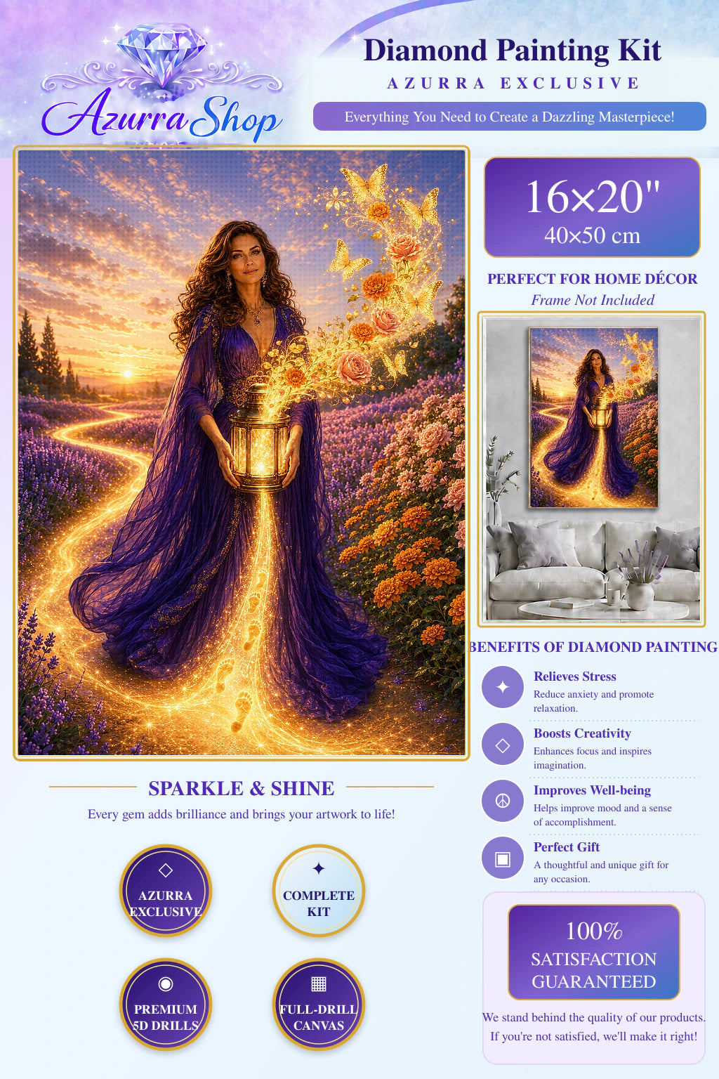The Path Only She Can See Azurra Exclusive 5D diamond painting kit detail and 16X20 size guide