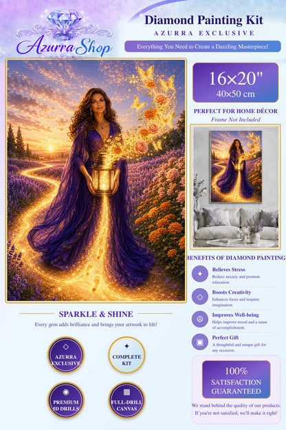 The Path Only She Can See Azurra Exclusive 5D diamond painting kit detail and 16X20 size guide