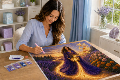 The Path Only She Can See Azurra Exclusive 5D diamond painting kit in a cozy creative workspace