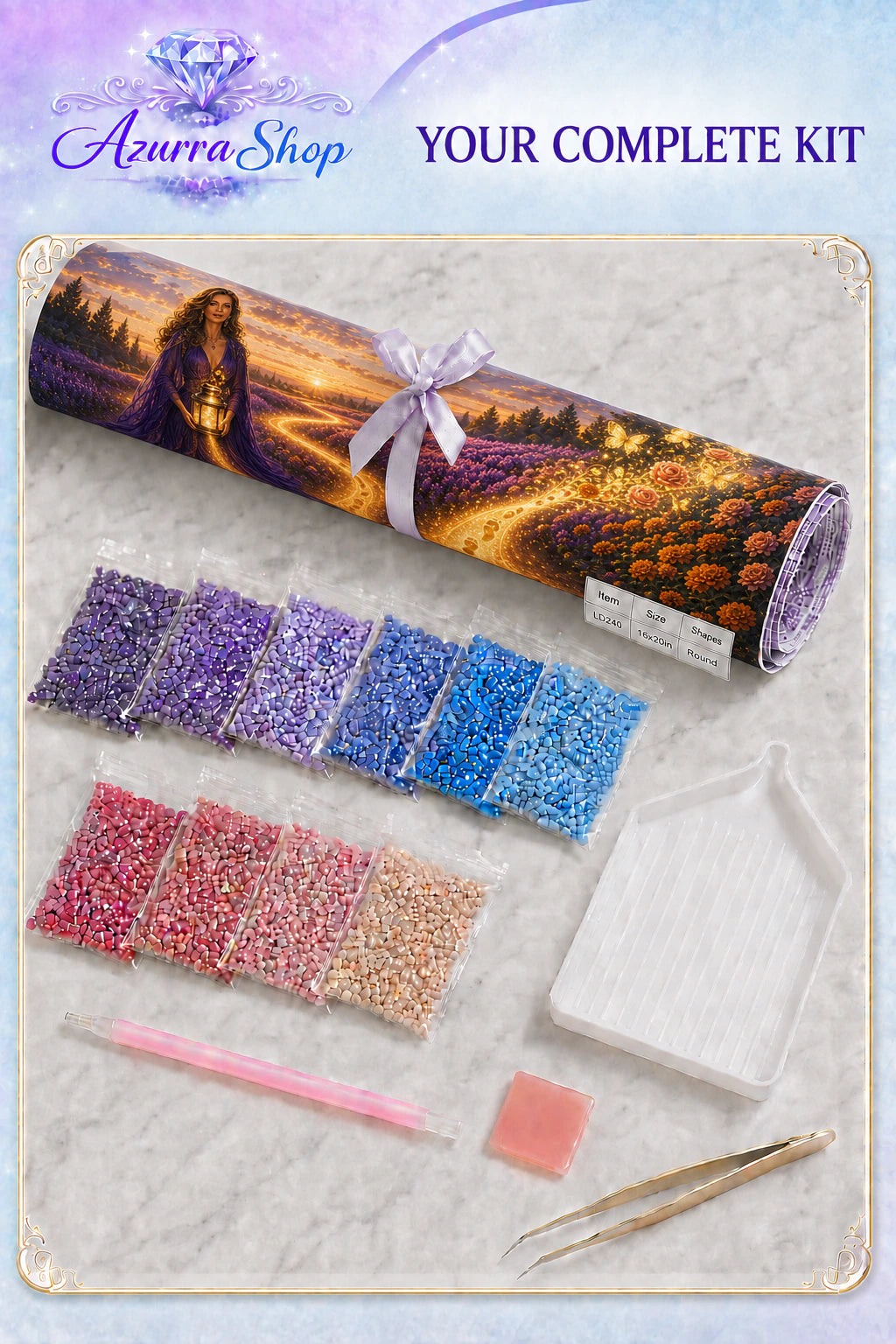Supplies included with The Path Only She Can See Azurra Exclusive 5D diamond painting kit