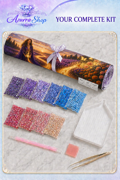 Supplies included with The Path Only She Can See Azurra Exclusive 5D diamond painting kit