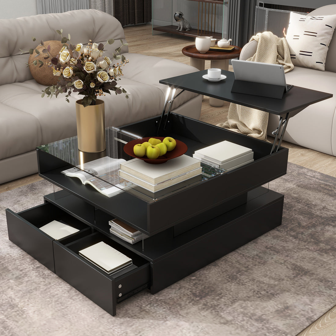 Lift-Top Coffee Table with LED Lights — black MDF & tempered glass, 2 drawers, hidden storage, 29.5x29.5x15.7" — Azurra Shop