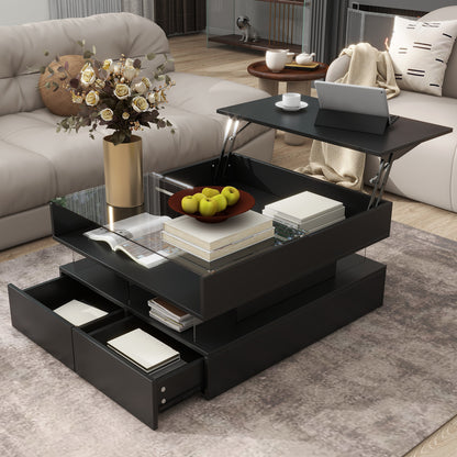Lift-Top Coffee Table with LED Lights — black MDF &amp; tempered glass, 2 drawers, hidden storage, 29.5x29.5x15.7" — Azurra Shop