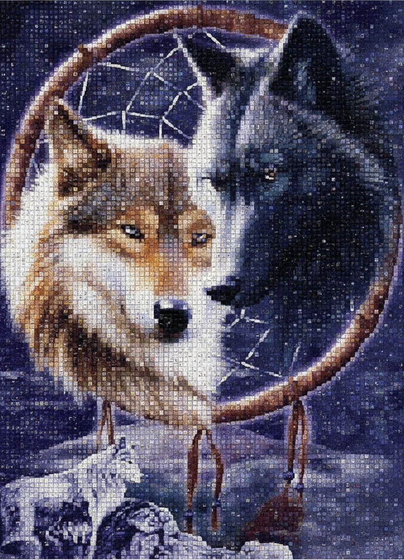 Yin Yang Wolves &amp; Dreamcatcher Diamond Painting Kit – close-up of completed canvas showing brown and black wolves in yin yang formation inside a dreamcatcher, sparkling resin drill texture on deep blue background — Azurra Shop
