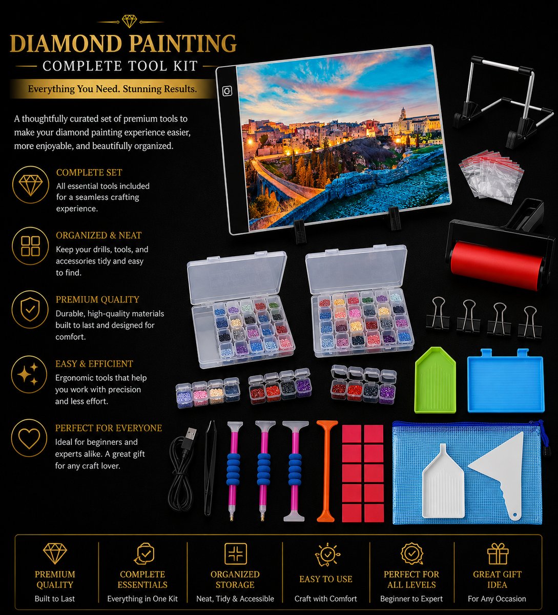 84 piece diamond painting tool kit with LED light board, storage boxes, roller, and pens