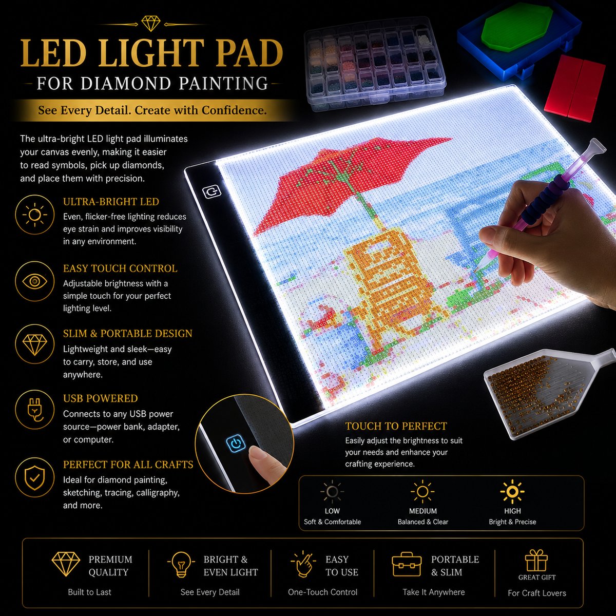 A4 LED light board illuminating a diamond painting of a coastal town at sunset