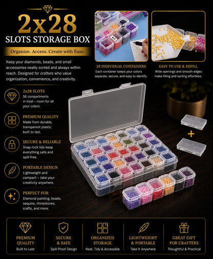 Storage box with 56 individual compartments filled with sorted diamonds