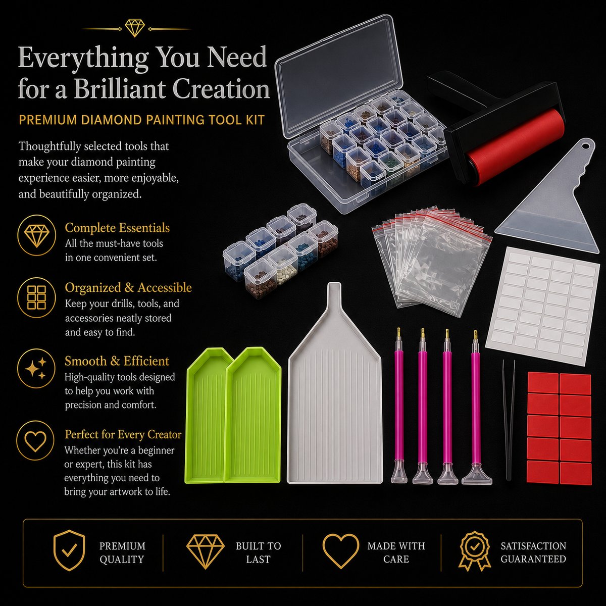 Storage box, trays, pens, tweezers, wax, and pouch included in the 84 piece diamond painting tool kit