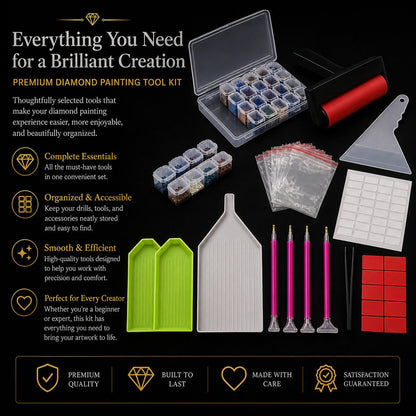 Storage box, trays, pens, tweezers, wax, and pouch included in the 84 piece diamond painting tool kit