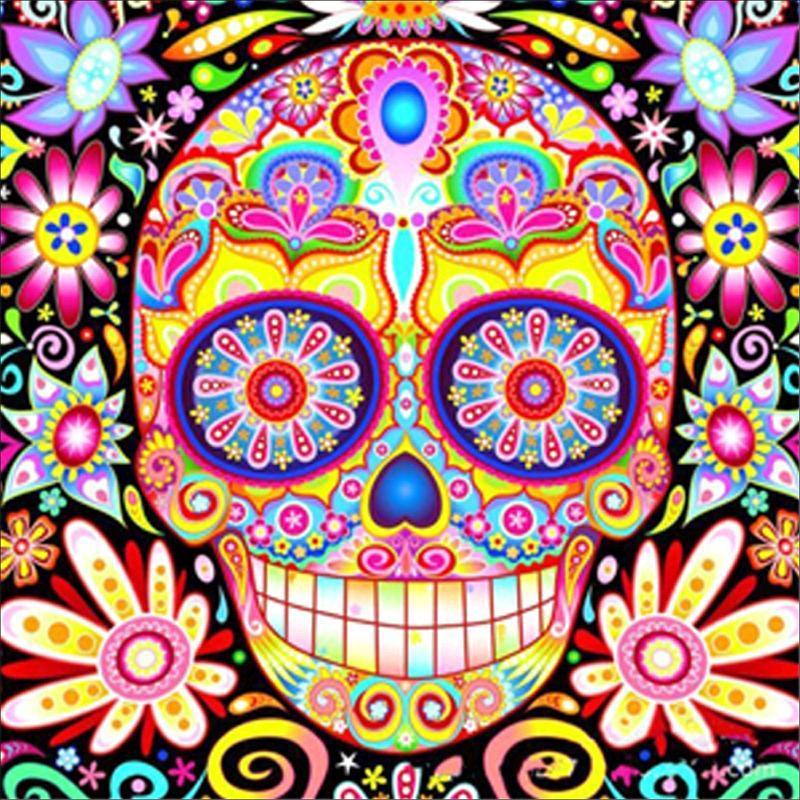 Psychedelic sugar skull diamond painting kit — vibrant hippie colors, flowers, full drill DIY art — Azurra Shop