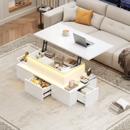 Lift-Top Coffee Table with LED Lights &amp; 4 Drawers — White