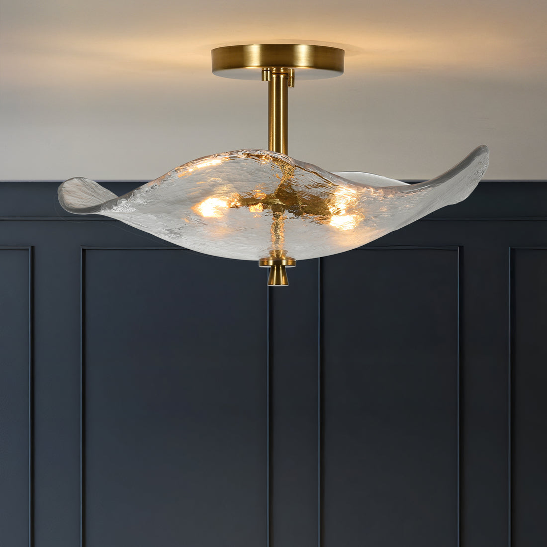 16.5" Gold Semi Flush Mount Ceiling Light — cracked petal glass shade, 2-light, modern gold iron, dimmable E12 — Azurra Shop