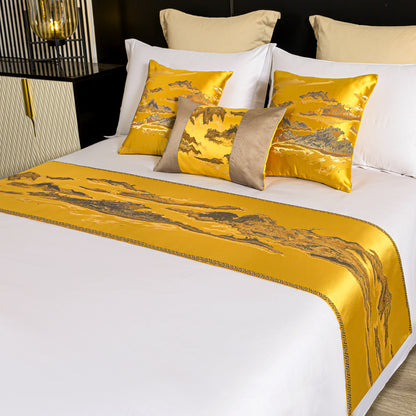Chinese Landscape Style Bed Runner &amp; Pillow Set