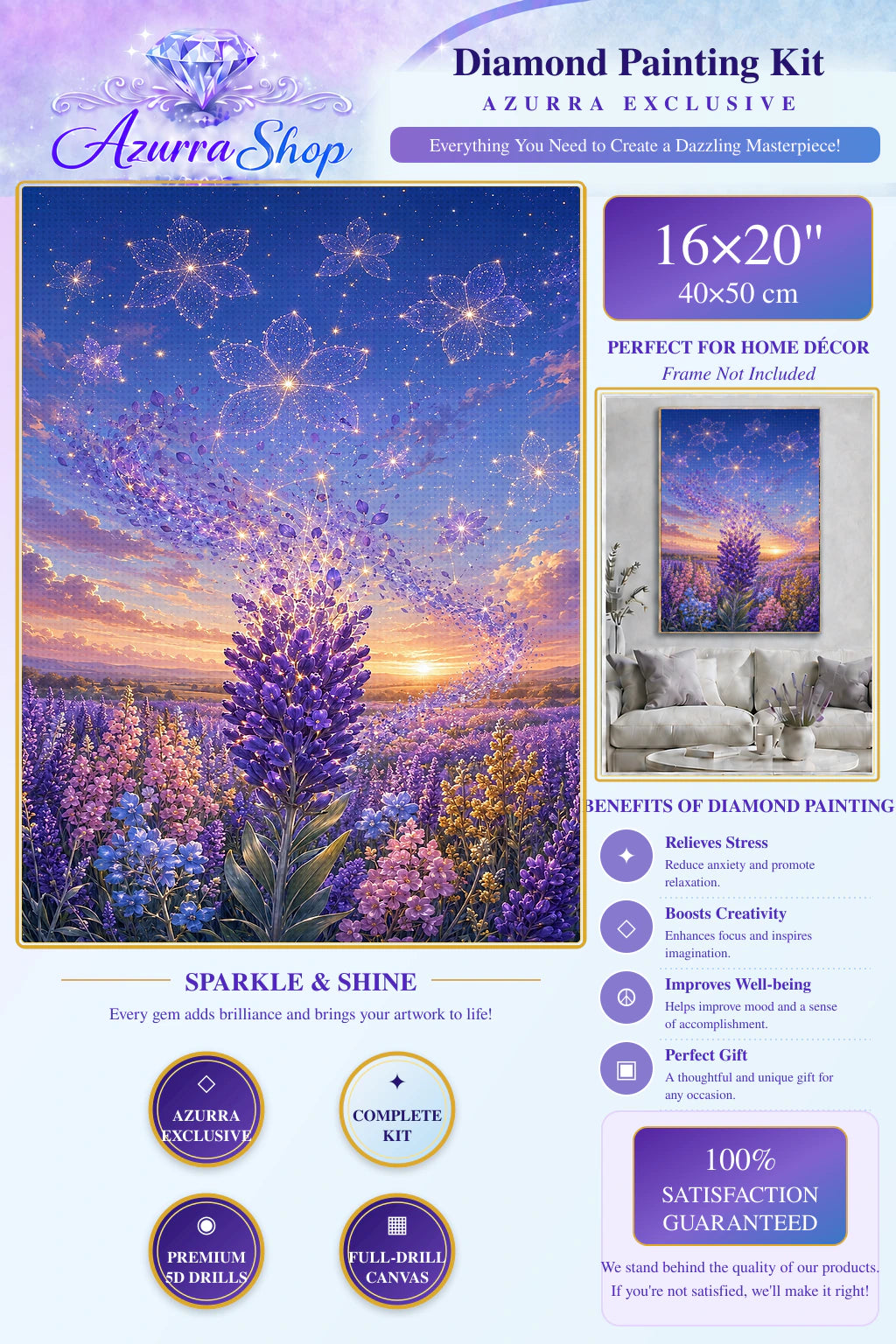 Where the Stars Bloom Azurra Exclusive 5D diamond painting kit detail and 16X20 size guide
