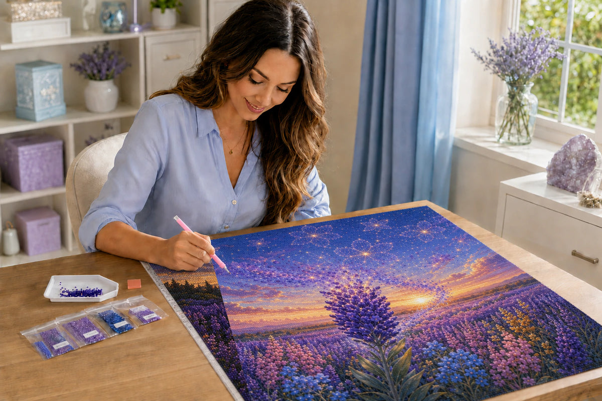 Where the Stars Bloom Azurra Exclusive 5D diamond painting kit in a cozy creative workspace