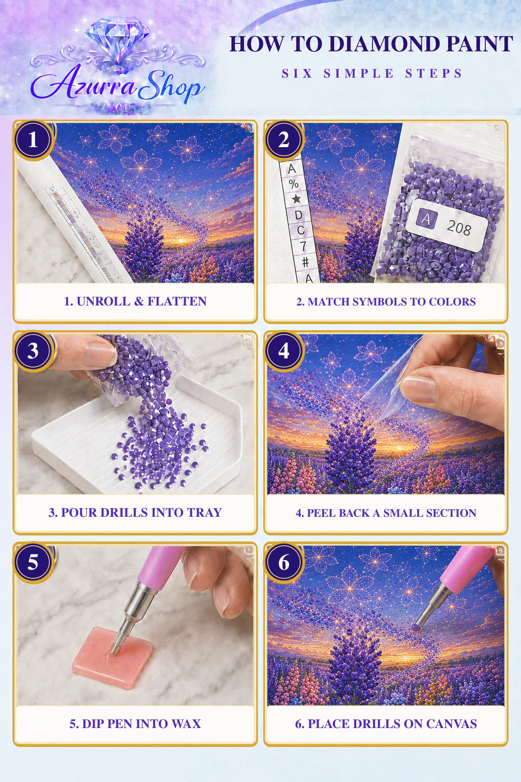 Diamond painting steps for Where the Stars Bloom Azurra Exclusive 5D kit