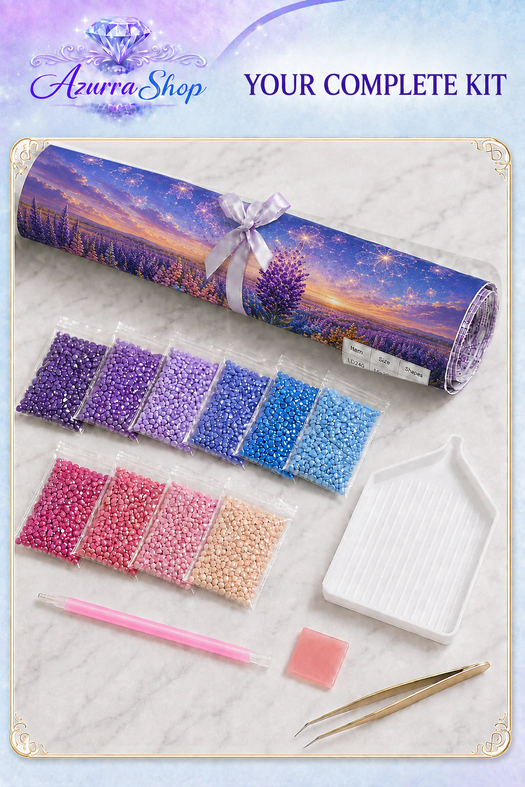 Supplies included with Where the Stars Bloom Azurra Exclusive 5D diamond painting kit