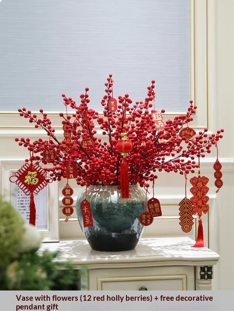 Ceramic Holly Vase with Artificial Floral Arrangement