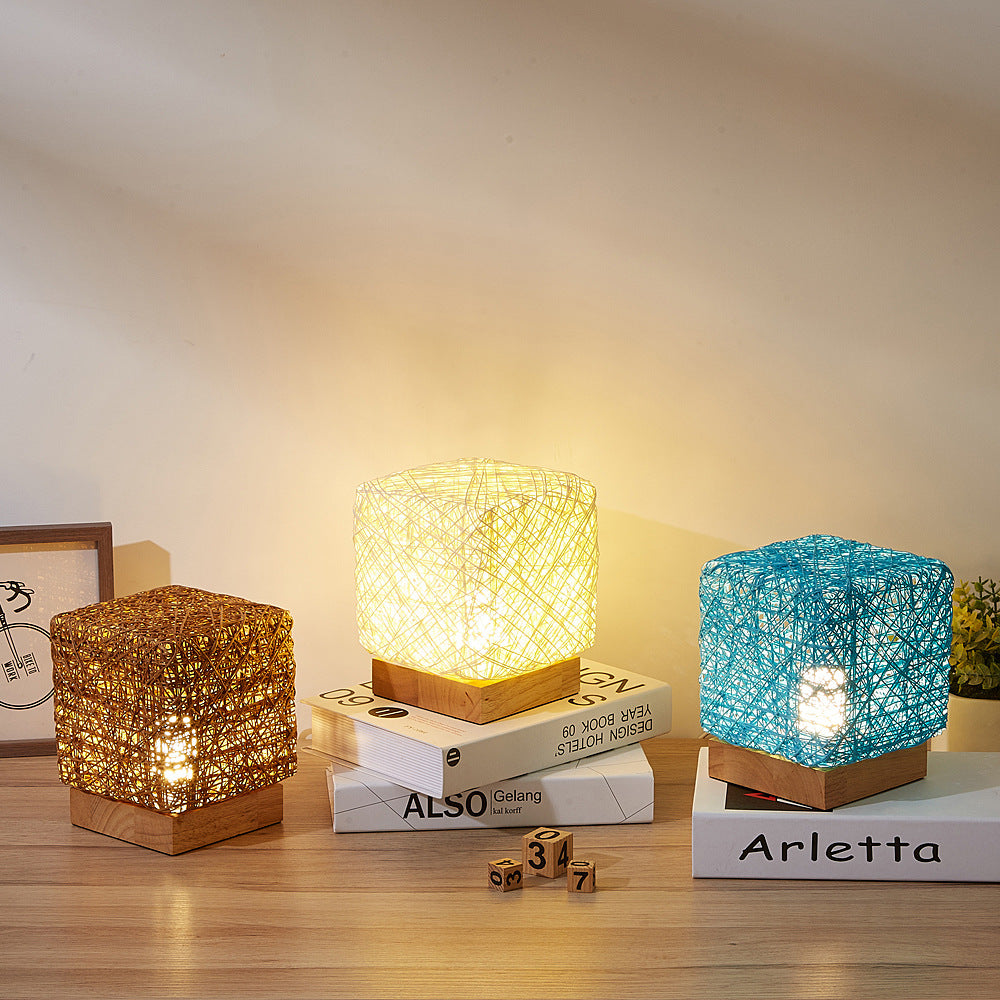 Hand-Knit Rattan LED Desk Lamp — bamboo rattan, USB, dimmable, beige/blue/coffee, 6"W x 7"H — Azurra Shop