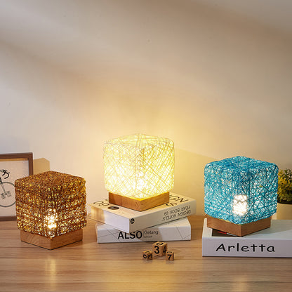 Hand-Knit Rattan LED Desk Lamp — bamboo rattan, USB, dimmable, beige/blue/coffee, 6"W x 7"H — Azurra Shop