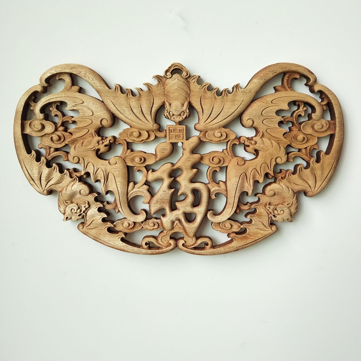 Chinese-style Dongyang Wood-carved Pendant Craft — silk flower decorative hanging, 14x8", available in 6 auspicious designs — Azurra Shop