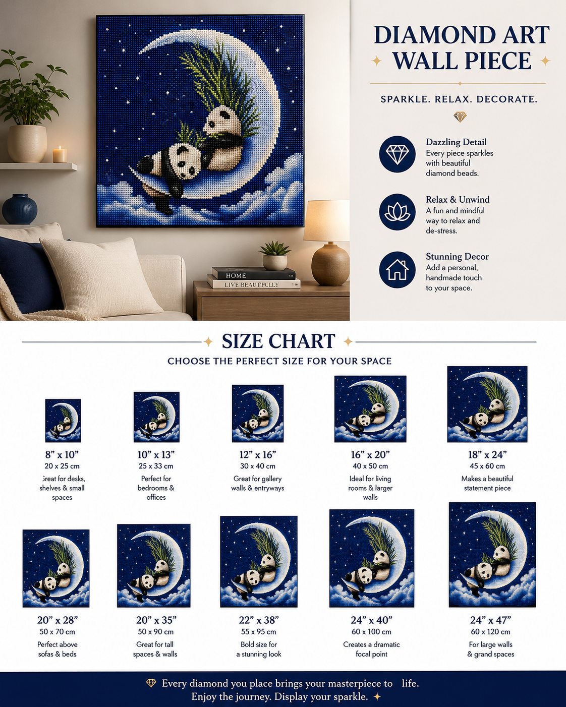 Baby Pandas on a Crescent Moon Diamond Painting Kit – two fluffy baby pandas snuggled on a glowing crescent moon with bamboo shoots against a deep navy starry sky
