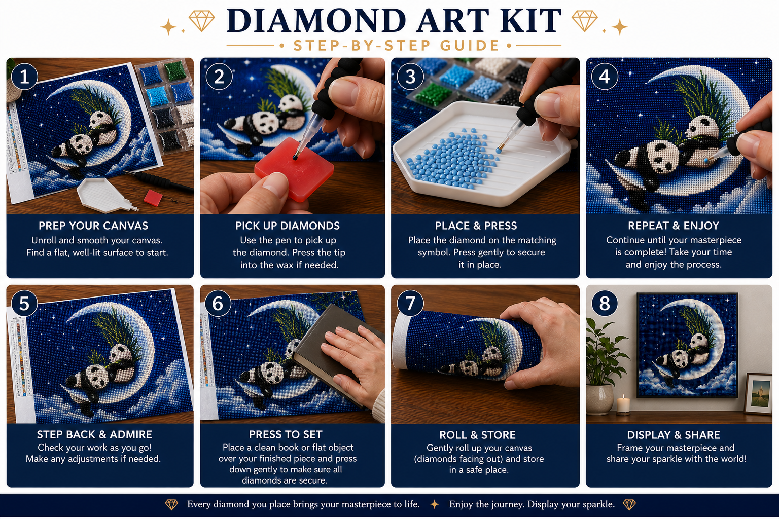 Baby Pandas on a Crescent Moon Diamond Painting Kit – step-by-step process showing how to place resin drills onto the pre-printed adhesive canvas
