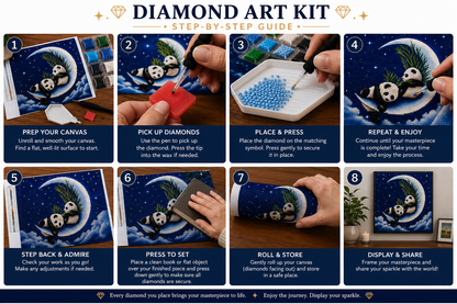Baby Pandas on a Crescent Moon Diamond Painting Kit – step-by-step process showing how to place resin drills onto the pre-printed adhesive canvas

