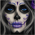 Blue-Eyed Sugar Skull Woman Diamond Painting Kit – completed 5D diamond art close-up featuring a hauntingly beautiful woman with white face paint, glowing electric blue eyes, intricate purple swirl designs on cheeks, pearl-beaded scalloped eye circles, blue teardrop and dot forehead ornament, black hollow nose, and lavender and purple stitched jaw pattern with flowing dark hair and a purple rose on a black background
