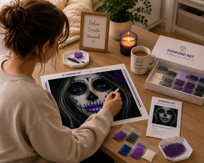 Blue-Eyed Sugar Skull Woman Diamond Painting Kit – woman in cream sweatshirt with hair in bun placing diamond drills on large blue-eyed sugar skull woman canvas at warm candlelit wood table with "Diamond Art – Brilliance You Create" branding on canvas border, white Diamond Art "Brilliance You Create" kit box with 15-compartment organizer tray of drills in black, gray, white, purple, and blue tones, Diamond Art Step-By-Step Instructions booklet with sugar skull woman cover, black tweezers and purple applicat