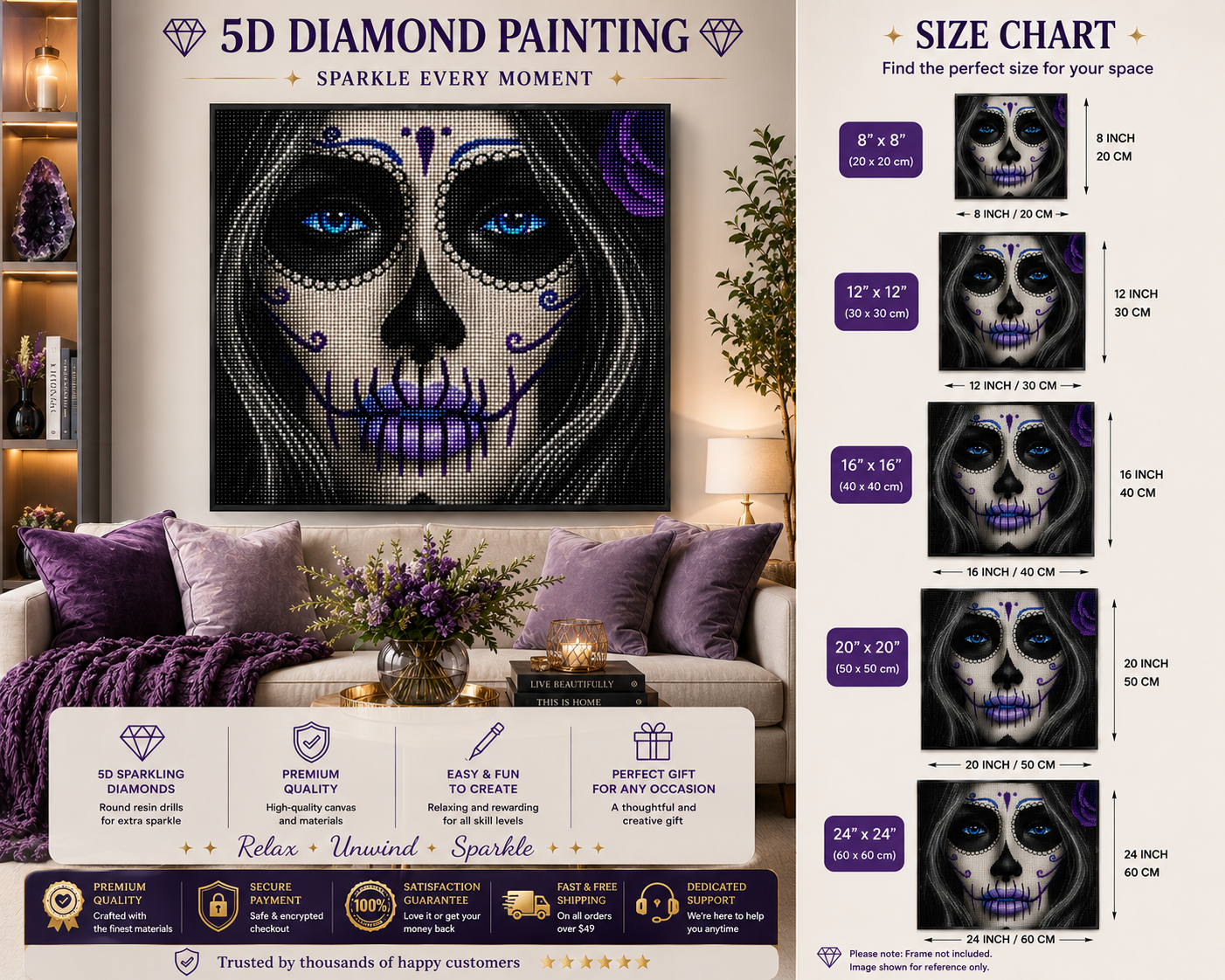 Blue-Eyed Sugar Skull Woman Diamond Painting Kit – large framed 5D diamond art of the blue-eyed sugar skull woman displayed above a cream sofa with purple and lavender pillows and chunky purple knit throw, gold coffee table with glass vase of lavender, gold candle holder, and stacked books reading "Live Beautifully" and "This Is Home", with "5D Diamond Painting – Sparkle Every Moment" branding and size chart showing 8"x8" (20x20cm), 12"x12" (30x30cm), 16"x16" (40x40cm), 20"x20" (50x50cm), and 24"x24" (60x60