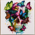 Colorful Butterfly Skull Diamond Painting Kit – completed 5D diamond art featuring a vibrant rainbow skull surrounded by colorful butterflies with paint drip effect on white canvas
