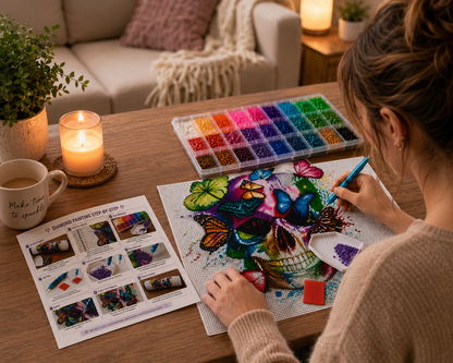 Colorful Butterfly Skull Diamond Painting Kit – woman placing diamond drills on colorful butterfly skull canvas at cozy candlelit table with 24-color diamond container, sorting tray, wax pad, step-by-step instruction guide, and "Make Time to Sparkle" mug
