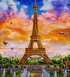 Finished Eiffel Tower landscape diamond painting kit artwork close up with sunset sky and hot air balloons | Azurra Shop
