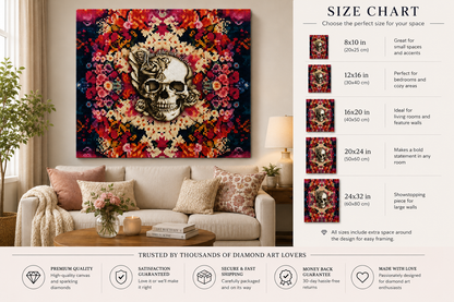Floral Mandala Skull Diamond Painting Kit – framed diamond art displayed above living room sofa in five sizes: 8x10" (20x25cm) great for small spaces and accents, 12x16" (30x40cm) perfect for bedrooms and cozy areas, 16x20" (40x50cm) ideal for living rooms and feature walls, 20x24" (50x60cm) makes a bold statement in any room, and 24x32" (60x80cm) showstopping piece for large walls, with trust badges for premium quality, satisfaction guaranteed, secure and fast shipping, money back guarantee, and made with 