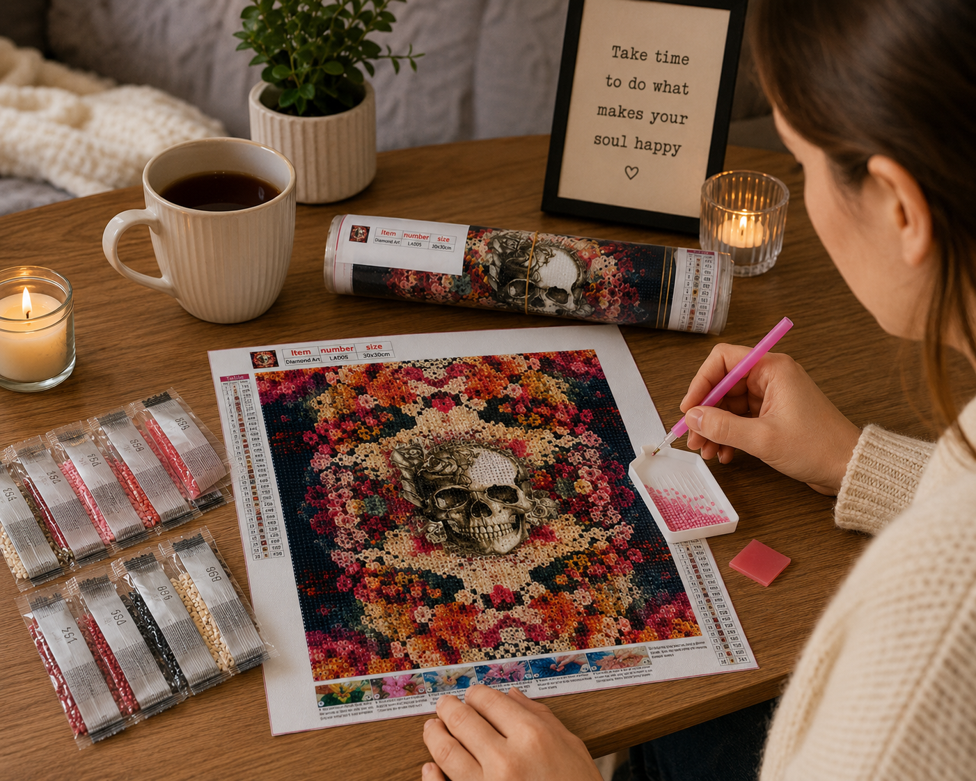 Floral Mandala Skull Diamond Painting Kit – woman placing diamond drills on floral mandala skull canvas at cozy candlelit wood table with Diamond Art tube, 8 sorted diamond drill bags in pink, red, black, and cream tones, pink applicator pen, pink wax pad, color chart, tea mug, two candles, potted plant, and "Take time to do what makes your soul happy" framed sign in warm ambient lighting
