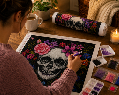 Floral Skull with Pink Roses Diamond Painting Kit