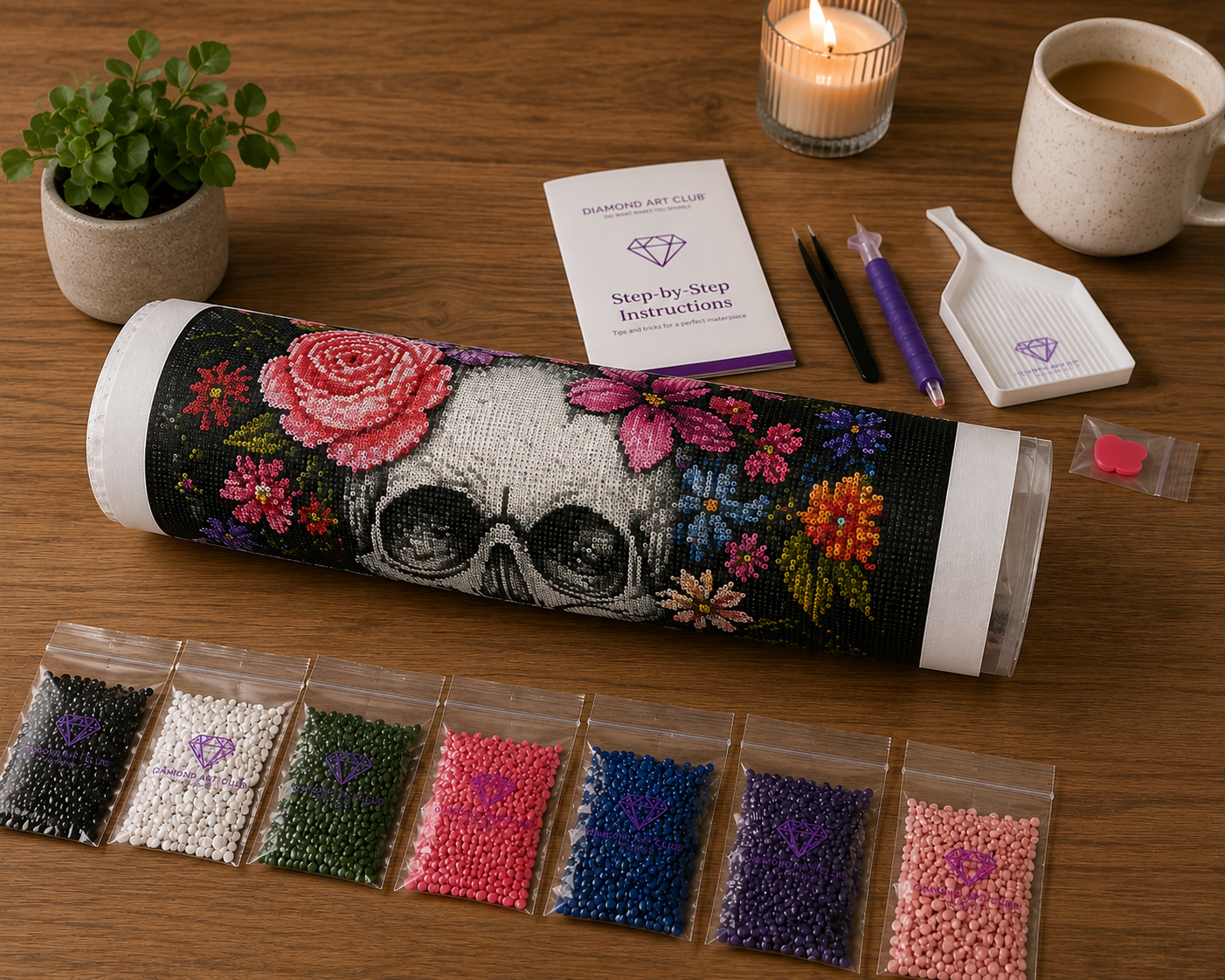 Floral Skull with Pink Roses Diamond Painting Kit
