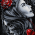 Gothic Rose Woman & Skull Diamond Painting Kit – completed  diamond art featuring a gothic woman in profile with flowing dark hair, red roses, and a skull motif with a red heart on a black background
