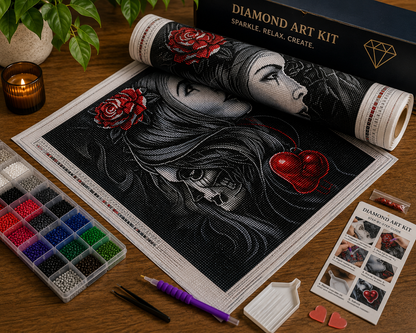 Gothic Rose Woman &amp; Skull Diamond Painting Kit – flat lay on wood surface showing unrolled gothic rose woman canvas, "Sparkle. Relax. Create." box, 18-color diamond drill organizer, purple applicator pen, tweezers, sorting tray, wax pads, step-by-step guide, and red heart wax pads beside a glowing candle
