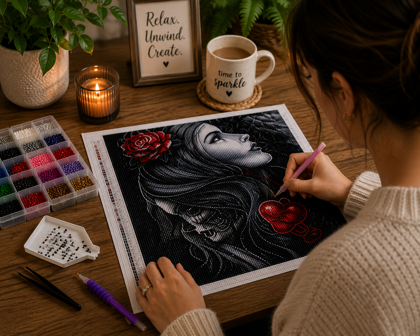 Gothic Rose Woman &amp; Skull Diamond Painting Kit – woman placing diamond drills on gothic rose woman canvas at cozy candlelit desk with 18-color diamond organizer, sorting tray, tweezers, purple pen, "Relax. Unwind. Create." sign, and "Time to Sparkle" mug in warm ambient lighting
