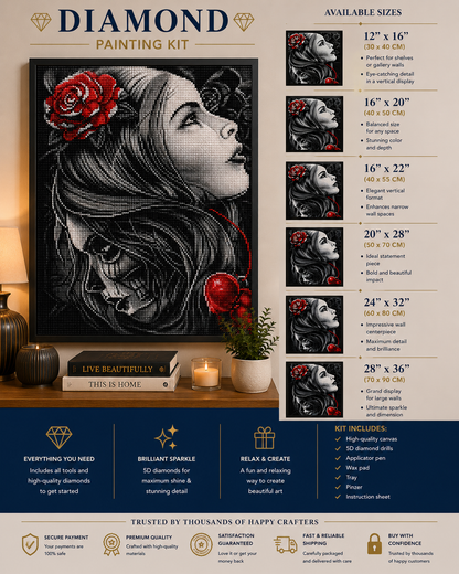 Gothic Rose Woman &amp; Skull Diamond Painting Kit – framed diamond art displayed on living room console in six sizes: 12x16", 16x20", 16x22", 20x28", 24x32", and 28x36", with kit includes callouts and trust badges for secure payment, premium quality, satisfaction guarantee, fast shipping, and buy with confidence
