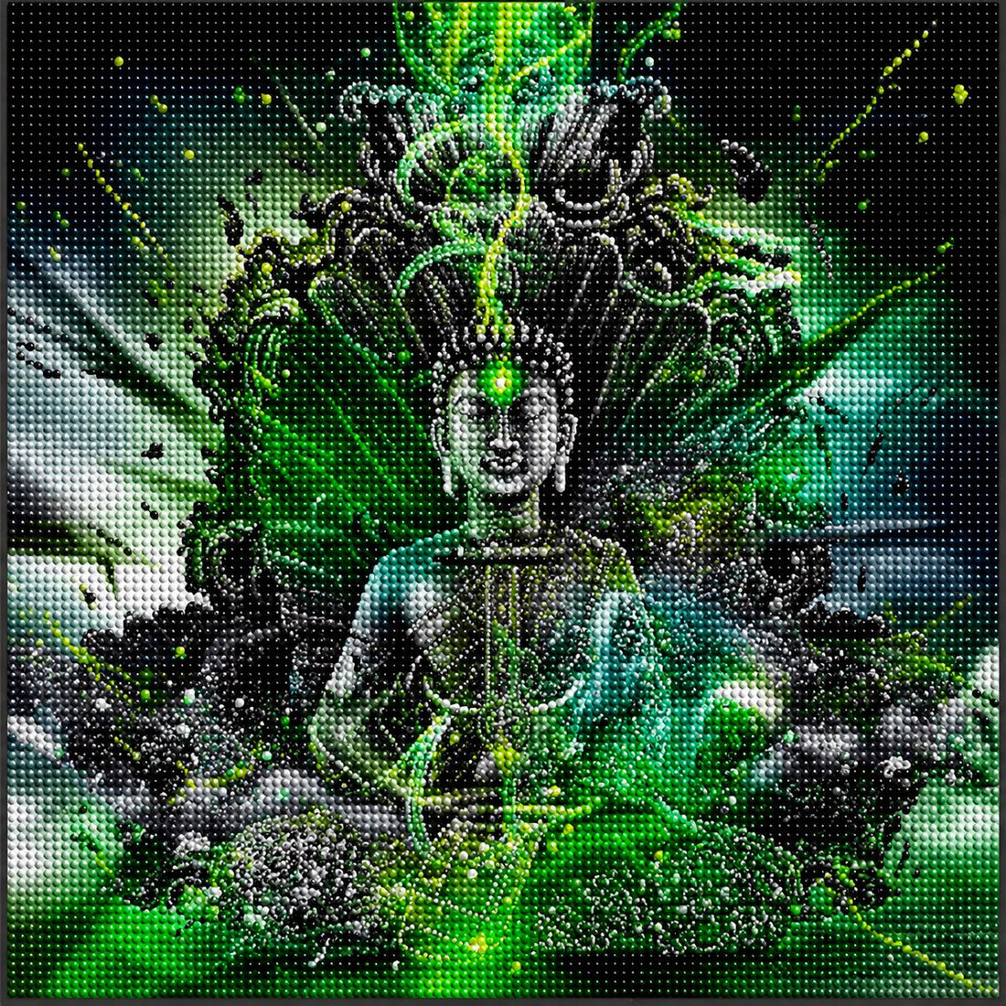 Close up of the finished dark Buddha diamond painting, with a glowing green energy aura and third eye