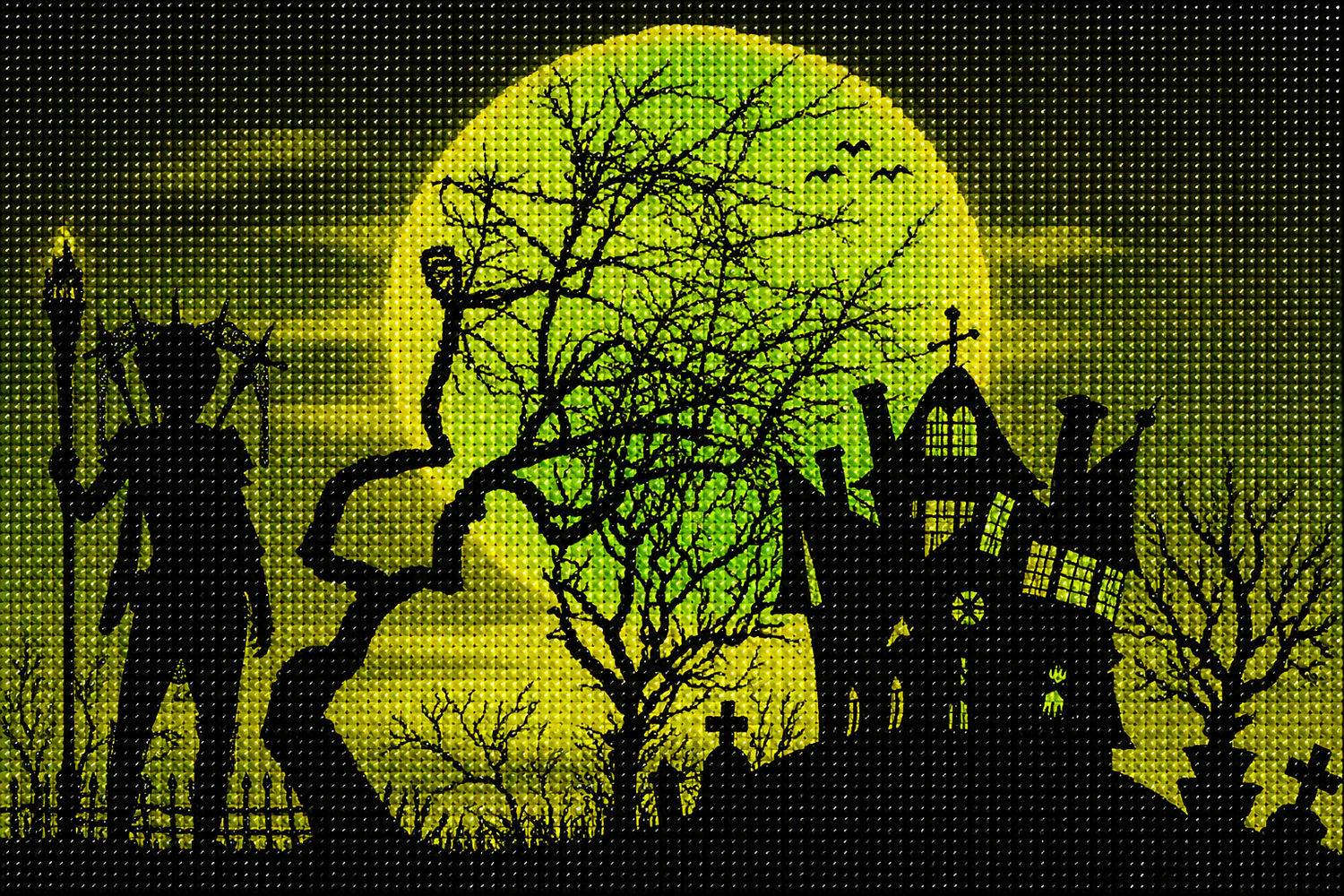 Headless Horseman &amp; Haunted Graveyard Diamond Painting Kit – completed 5D diamond art featuring a silhouette of the headless horseman on horseback holding a torch against a glowing toxic green moon, with gnarled bare trees, a crumbling haunted mansion, graveyard crosses, and bats circling overhead on a black background
